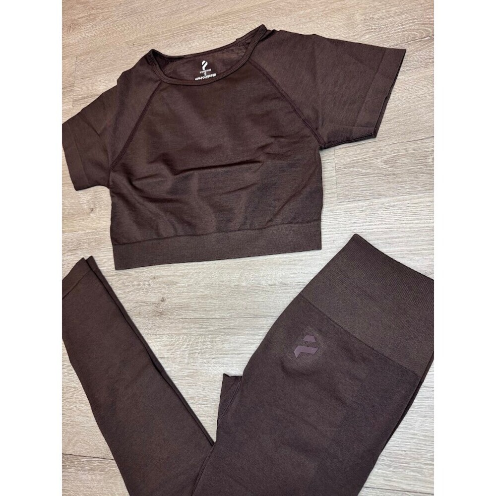 Women's Seamless Workout Set Brown Short Sleeve Crop Top High Waist Leggings - Picture 5 of 6